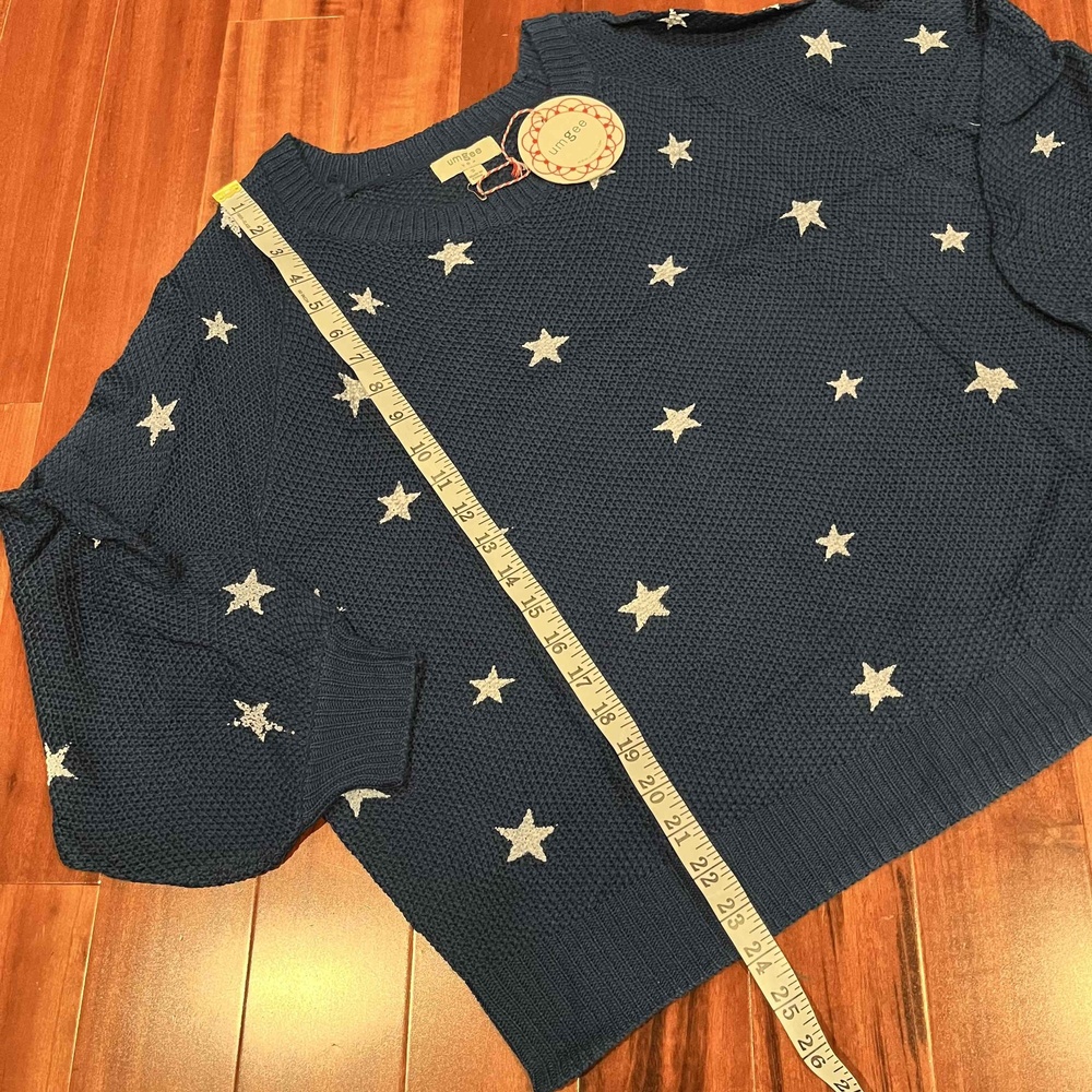 Umgee Star Print Sweater Peacock Navy Blue Long Sleeve Textured Knit New Small - Picture 6 of 8